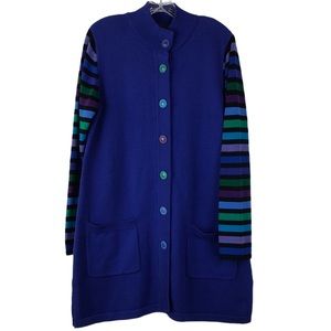 Bob Mackie Wearable Art Long Cardigan Button Front Pockets Blue Stripe Medium